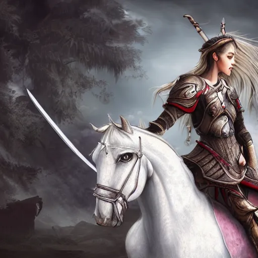 Image similar to epic girl warrior on a white horse and a sword at her back, fantasy, artwork, detailed, 8 k