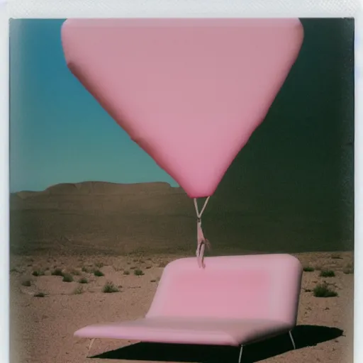 Image similar to a pastel colour high fidelity Polaroid art photo from a holiday album at a pink desert with abstract inflatable parachute furniture, all objects made of transparent iridescent Perspex and metallic silver, no people, iridescence, nostalgic