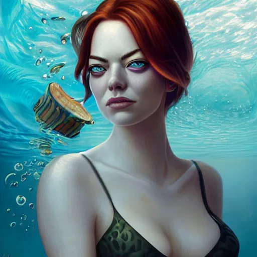 Image similar to underwater pirate portrait of emma stone, pixar style, by tristan eaton stanley artgerm and tom bagshaw.