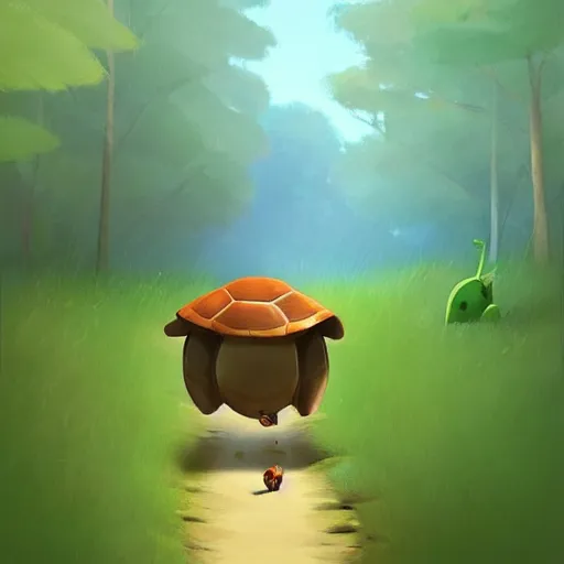 Image similar to Goro Fujita ilustration a cute cartoon turtle happily walking through the forest, painting by Goro Fujita, sharp focus, highly detailed, ArtStation