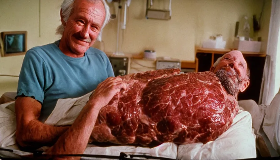 Image similar to 7 0 s movie still of a old man with a meat chest in the hospital, cinestill 8 0 0 t 3 5 mm eastmancolor, heavy grain, high quality, high detail