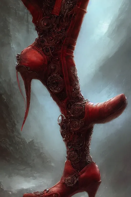 Image similar to red women's boots shoes only, by wlop, by luis royo, by peter mohrbacher, concept art, digital illustration, intricate, masterpiece, elegant, super detailed, unreal engine rendering, smooth, sharp focus, artstation hq