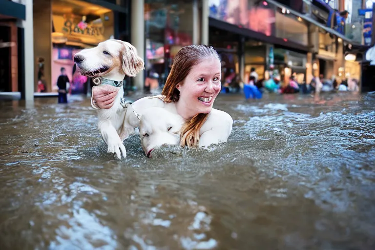 Prompt: closeup portrait of a woman carrying a dog over her head in a flood in Rundle Mall in Adelaide in South Australia, photograph, natural light, sharp, detailed face, magazine, press, photo, Steve McCurry, David Lazar, Canon, Nikon, focus