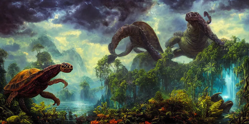 Prompt: fantasy oil painting, great leviathan, turtle cephalopod terrapin reptilian pachyderm amphibian hybrid, rainforest mountains, lush plants flowers, epic natural light, bright clouds, luminous sky, outer worlds, cinematic lighting, michael whelan, michael cheval, vray, 8 k hd