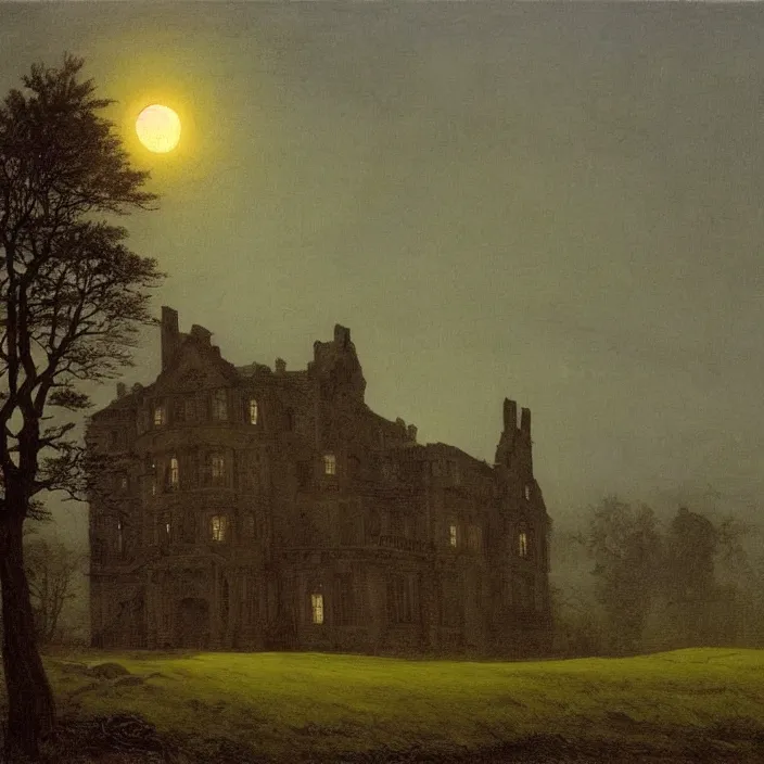 Prompt: painting of a mansion on the moorland by caspar david friedrich, at night, eerie, supernatural