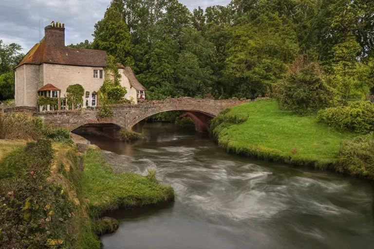 Image similar to landscape photography, realistic photo of a tudor style detached house, a river flowing through the scene, arched bridge, riverboat in the foreground, dusk