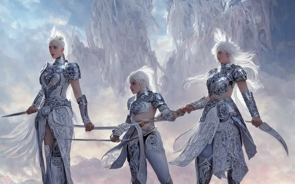 Image similar to white hair knights of zodiac girl, sliver ice color reflected armor, taekwondo fighting in ruined agora of athens sunset, ssci - fi and fantasy, intricate and very very beautiful and elegant, highly detailed, digital painting, artstation, concept art, smooth and sharp focus, illustration, art by tian zi and wlop and alphonse mucha