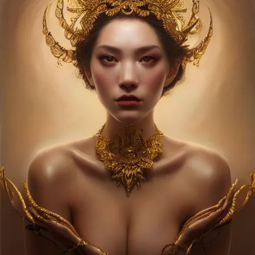 Prompt: expressive oil painting, of alluring european princess, seductive look, smirking, smooth glowing skin, glistening body, love, adoration, sweat, tattoos, ornate headpiece made of wool, glamour shot, by yoshitaka amano, by greg rutkowski, by jeremyg lipkinng, by artgerm, digital art, octane render, surreal aesthetic