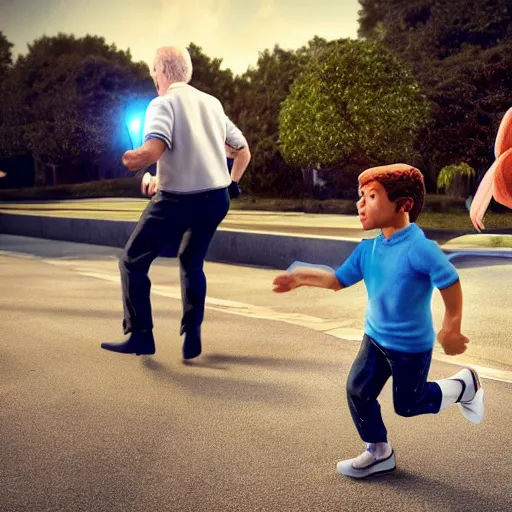 Image similar to a statue of joe biden chasing a child, octane render, 3 d render, 4 k, hyper realistic, super detailed.