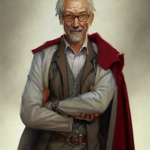 Image similar to a wise human male professor with grey hair with a streak of red, spectacles, white lab coat, dnd character art portrait, matte fantasy painting, deviantart artstation, by jason felix by steve argyle by tyler jacobson by peter mohrbacher by paul hedley, cinema
