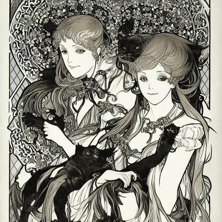 Prompt: gothic lolita and her cat companion. chiaroscuro manga illustration by clamp and alphonse mucha.