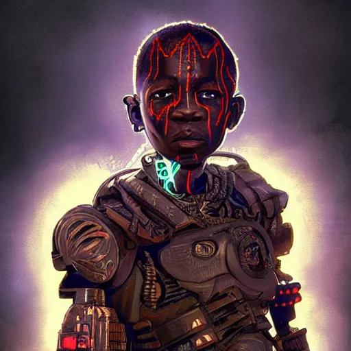 Prompt: a dark and ominous cyborg african child soldier with glowing eyes and tribal facial scarification, neon graffiti, Apex Legends character digital illustration portrait design, by android jones and greg rutkowski in a cyberpunk voodoo style, retrowave color scheme, detailed, cinematic lighting, wide angle action dynamic portrait