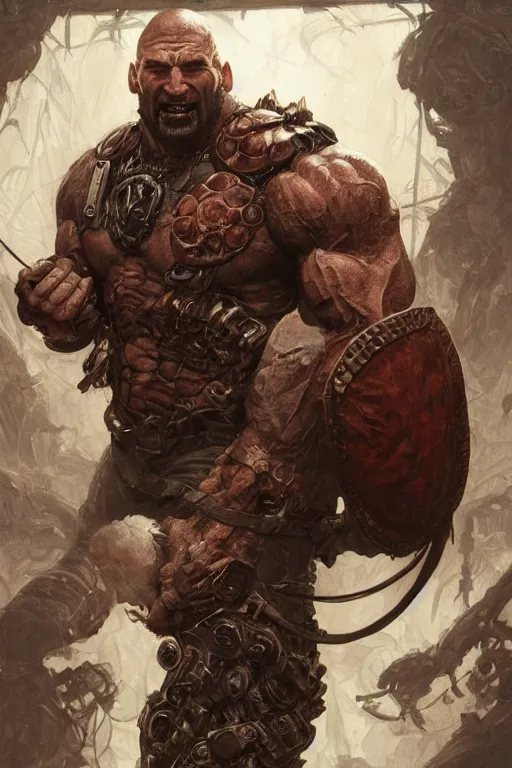 Image similar to ultra realistic illustration,, a hulking herculean dave bautista with leather armour, from doom and warhammer, intricate, elegant, highly detailed, digital painting, artstation, concept art, smooth, sharp focus, illustration, art by artgerm and greg rutkowski and alphonse mucha