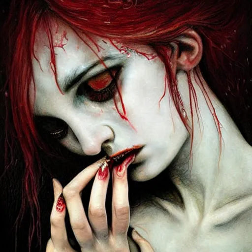 Image similar to a hyperrealistic painting of a beautiful gothic princess crying tears of blood, by Santiago Caruso, vivid color, highly detailed,