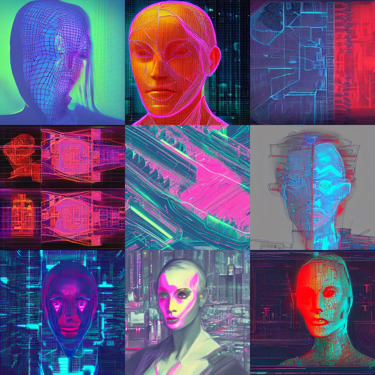 Prompt: face contour emerging from a neon heat map of city roads, cyberpunk aerial view concept art.