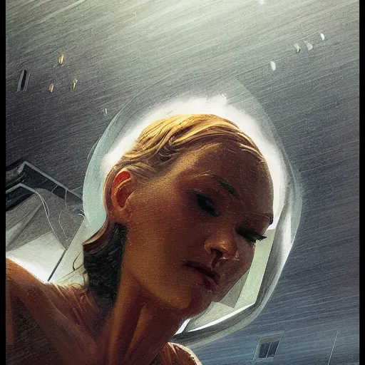 Prompt: detailed face of a woman, clockwork, moment, tectonic sky, skydome, bullet train, turbines, utopian, tech noir, wet reflections, prism, atmospheric, ambient, nick alm, casey baugh, pj crook, syd mead, livia prima, edward hopper