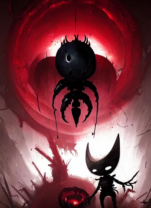 Prompt: horror art, hollow knight, red scorpion with arms in the background, art by greg rutkowski
