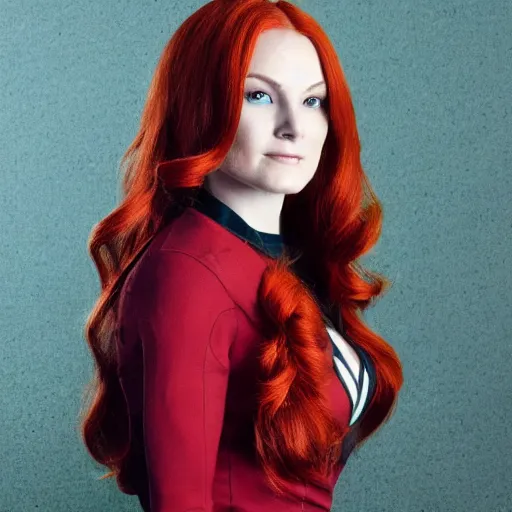 Image similar to Portrait of Jean Grey, a beautiful woman in her 30s, with red hair and green eyes, dressed casually, in the background is an elegant office, background depth, superhero, heroic, realistic, hyper realism, concept art, fine details, dramatic lighting, cinematic,