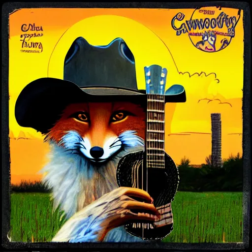 Image similar to a female fluffy anthropomorphic fox animal, wearing cowboy hat, wearing plaid shirt, playing guitar, in a field, barn in background, album cover style