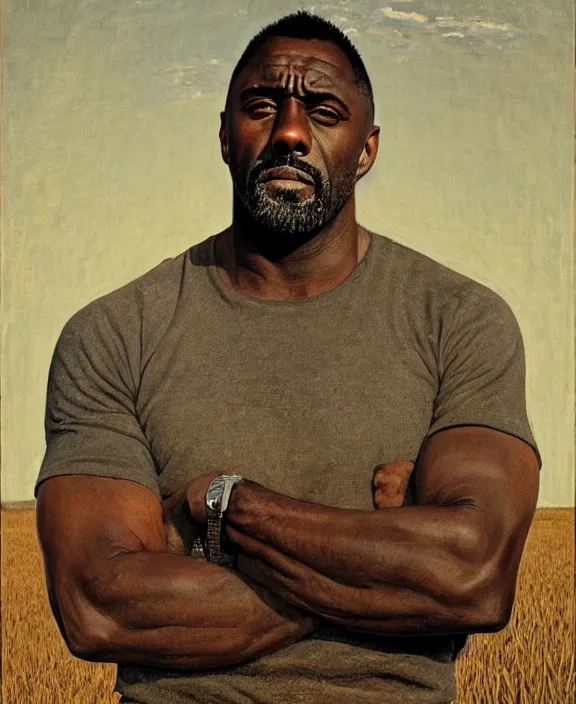 Image similar to portrait of idris elba as a kansas farmer, art by denys tsiperko and bogdan rezunenko and thomas eakins, hyperrealism