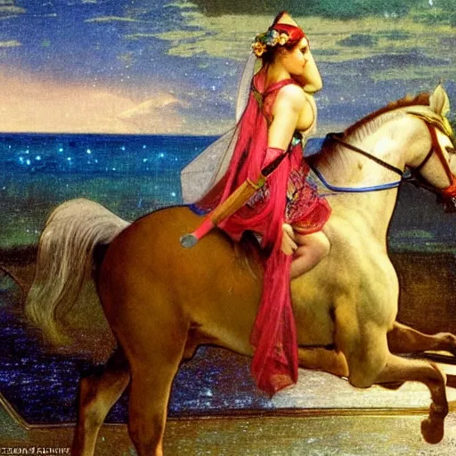 Image similar to Knight girl riding the horse at the palace, refracted sparkles, thunderstorm, greek pool, beach and Tropical vegetation on the background major arcana sky, by paul delaroche, alphonse mucha and arnold böcklin, hyperrealistic 8k, award-winning, very very very detailed