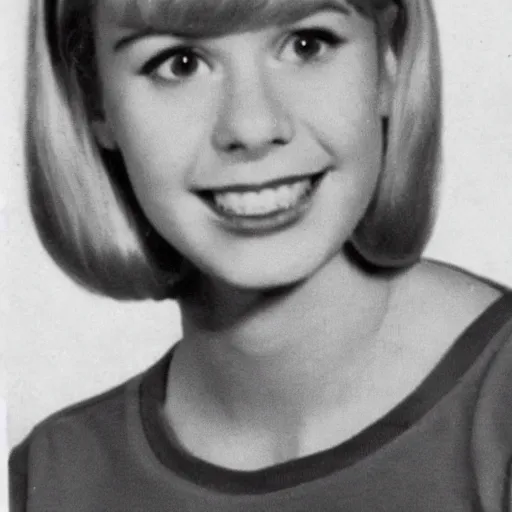 Prompt: a yearbook photo of Betty Cooper in 1966, she has a ponytail and bangs