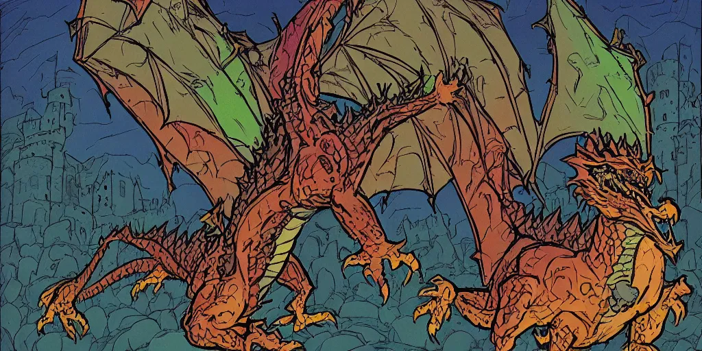 Image similar to colourful - damaged - detailed image of a Mike Mignola style dragon and of a castle