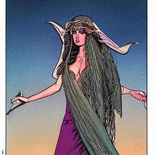 Image similar to half - length portrait of beautiful witch circe in the odyssey, art by moebius