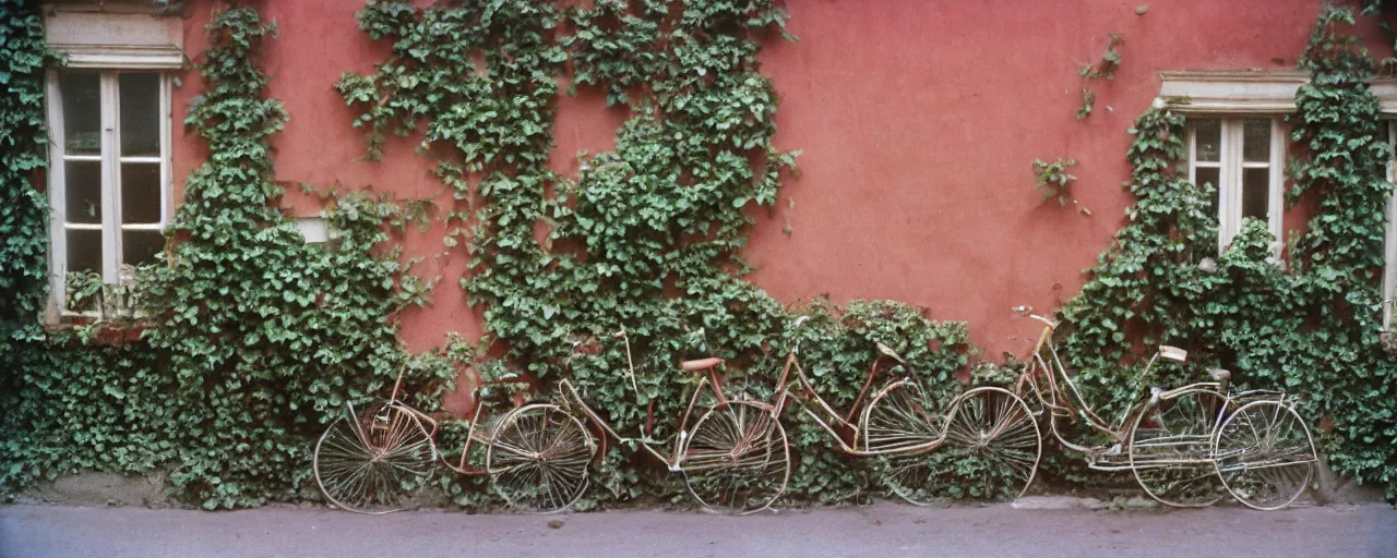 Image similar to growing!!!!! spaghetti!!!!! over ivy on a parisian side street, 1 9 5 0 s, canon 5 0 mm, bicycle, kodachrome, in the style of wes anderson, retro