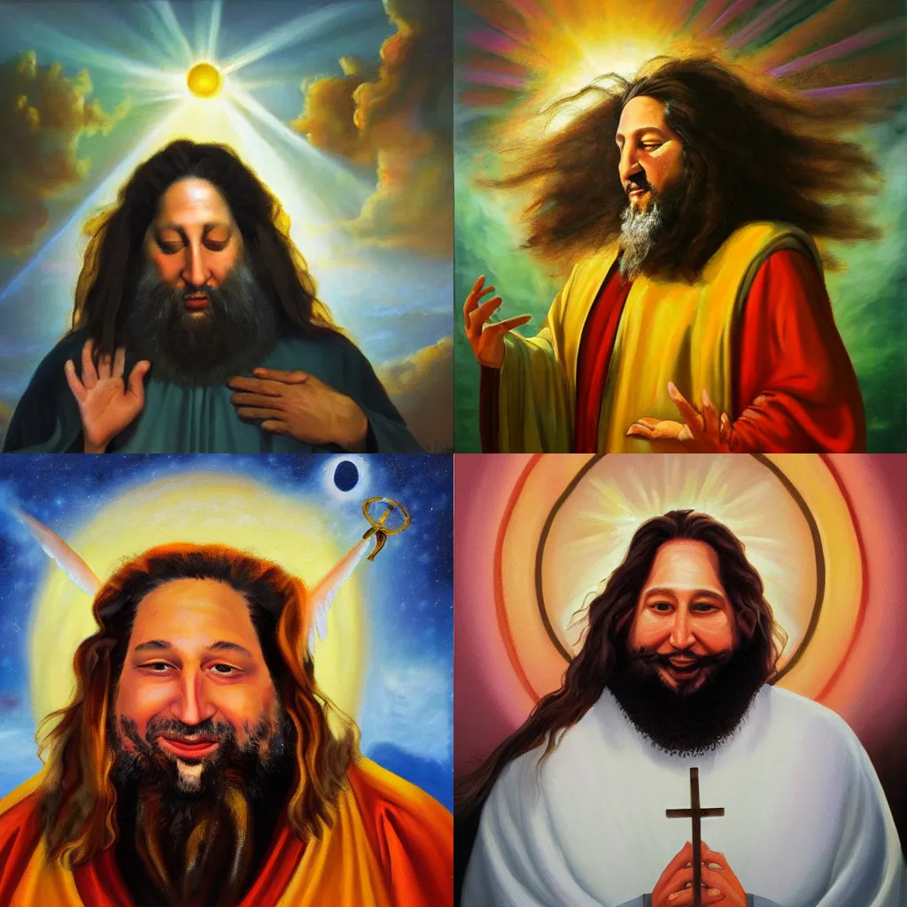 Prompt: beautiful oil painting of richard stallman the prophet, robes, radiant glory, halo, biblical scene