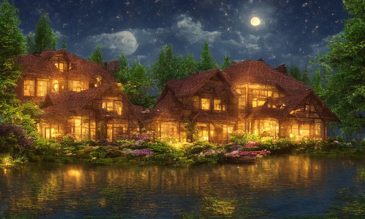 Prompt: a stunningly beautiful lake house in the moonlit nightscape, house by the reflective lake in the evening, dreamy, lamps and flowers, beautiful garden, highly detailed textures, perfect landscape, artstation, 4 k, soothing