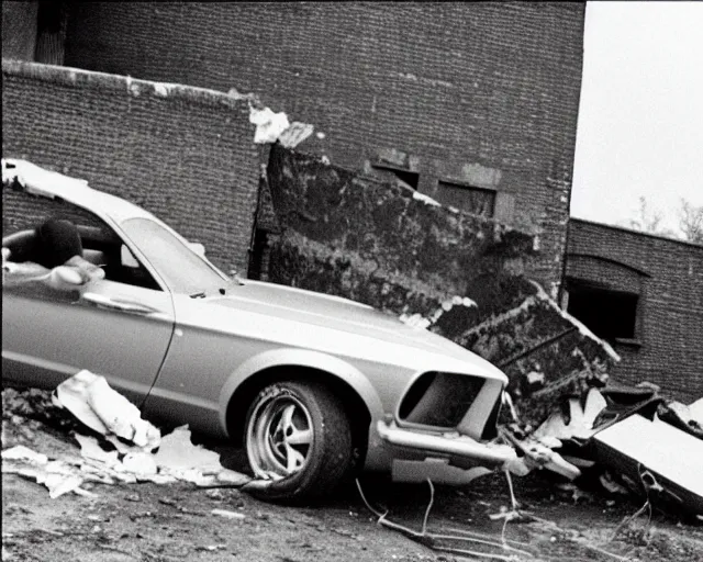 Image similar to 1973 photo of mustang wrecked into brick wall retro film picture