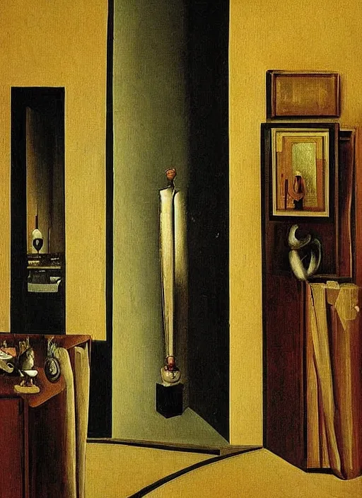 Prompt: a backroom painting by giorgio de chirico