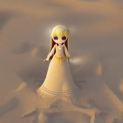 Prompt: cute fumo plush of a girl who built a sand castle in the shape of a mighty imperial city with walls and a moat, intricate detail, beach, lens flare, vray