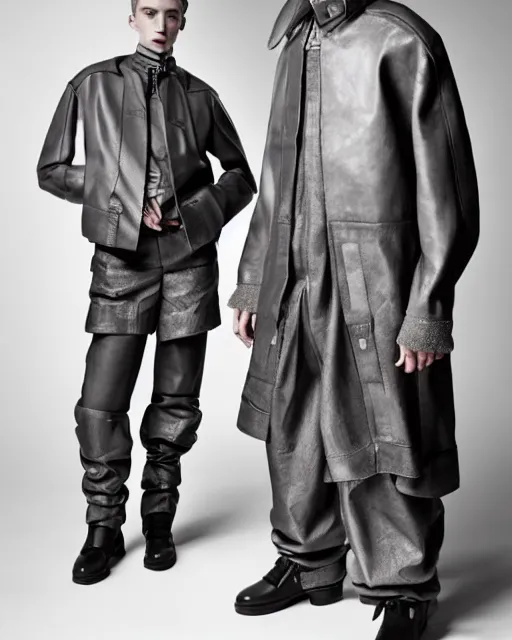 Prompt: a fashion editorial photo of a grey extremely baggy short ancient serbian medieval designer menswear leather jacket with an oversized collar and baggy bootcut trousers designed by alexander mcqueen, 4 k, studio lighting, wide angle lens