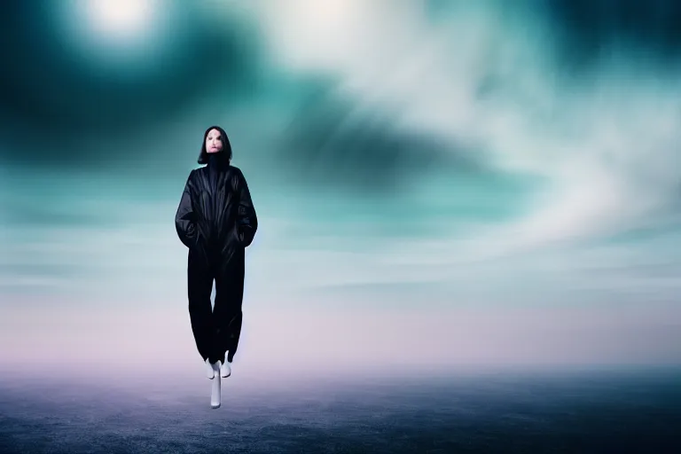 Prompt: high fidelity quality documentary photograph of a model wearing black inflated parachute clothing walking on hyper realistic clouds in a dreamstate world. three point light. photographic production. art directed. pastel colours. volumetric clouds. pastel gradient overlay. waves glitch artefacts. 8 k. filmic.