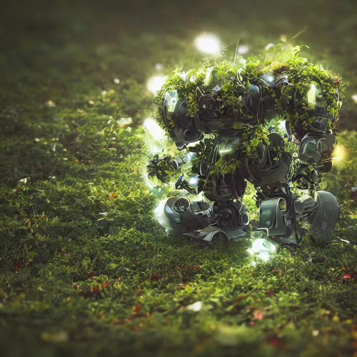 Prompt: overgrown foliage taking over a robot body on the ground, close - up, 3 5 mm, f 1. 8, bokeh, beautiful, lens flare, emotional, sweet, flowers, detailed, picture, trending on artstation, award - winning, shiny, golden