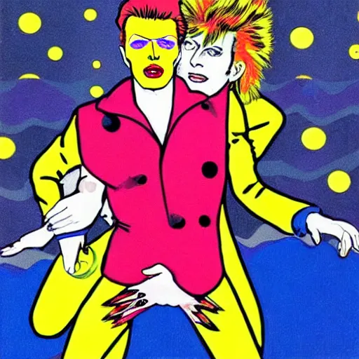 Prompt: david bowie giving a piggy back ride to ziggy stardust. glam rock. cosmic. roy lichtenstein