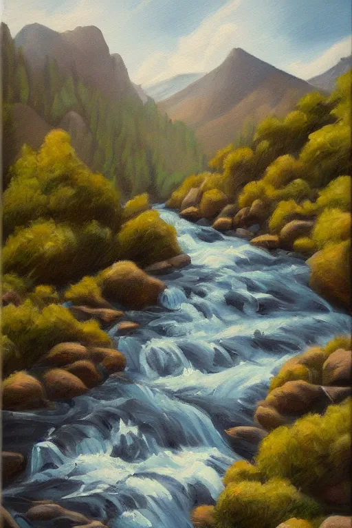 Image similar to mountaintop river flat illustration oil painting trending on artstation