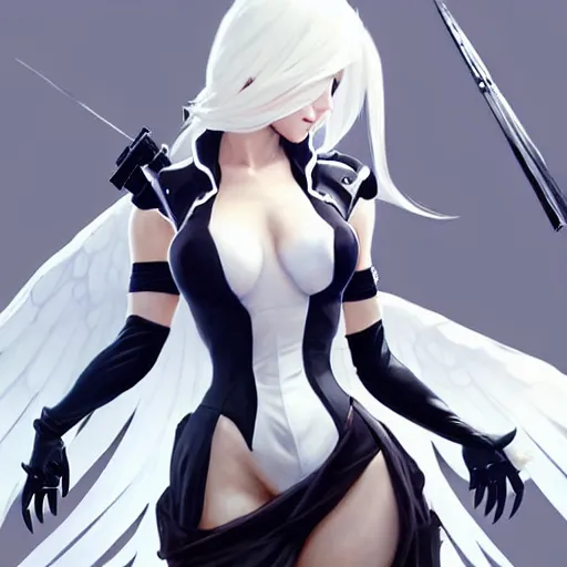 Prompt: greg manchess painting of a 2 yorha type a no. 2 as mercy from overwatch!!, white long hair, large white wings, wartorn environment, organic painting, trending on artstation, by huang guangjian and gil elvgren and sachin teng