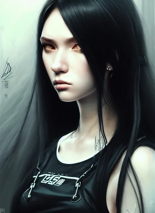 Image similar to portrait of long black hair girl within a streetwear. cynical face, concept art, cyberpunk illustration, intricate, highly detailed 8 k, smooth, matte, sharp focus, rim light, beautiful and aesthetic shape of face and body, artgerm, artstation, art by gharliera and rinotuna and junpei