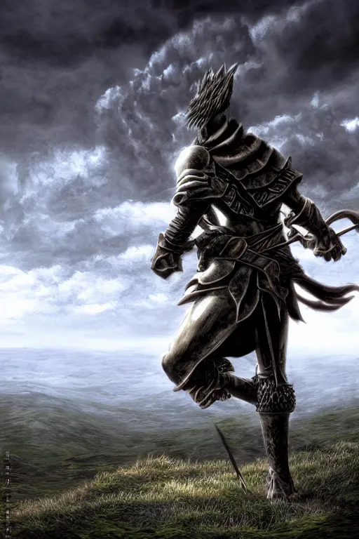 Image similar to Tonemapped warrior with lowered sword in the style of Kentaro Miura, with a landscape in the style of Wanderer above the Sea of Fog