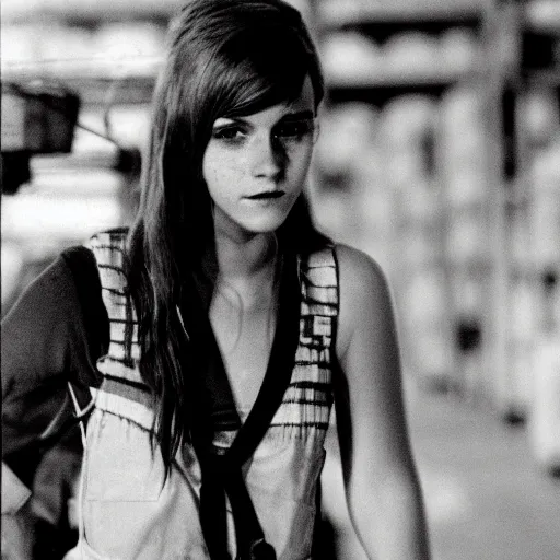 Image similar to photo, close up, emma watson in a hi vis vest, in warehouse, android cameraphone, as seen in 1 9 6 8 action movie, 2 6 mm,