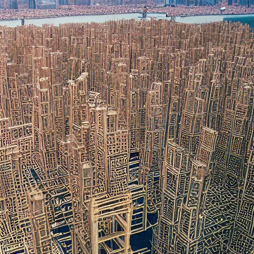 Prompt: intricate cardboard city, bamboo towers, Frank Lloyd Wright, wooden scaffolding, neon lights, douglass fur skyscrapers, aerial view, vast, wide, large format, blackmagic camera, kodak, fuji film