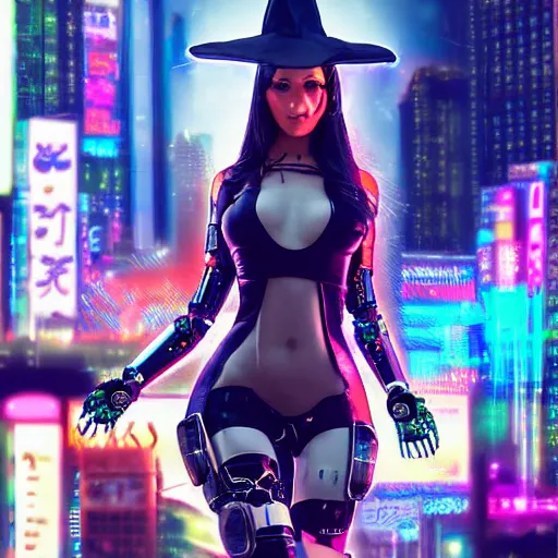 Image similar to detailed portrait cyberpunk robotic cybergirl with witch hat on flying cyberbroom in night city at giant japanese neon label 4 k, digital art