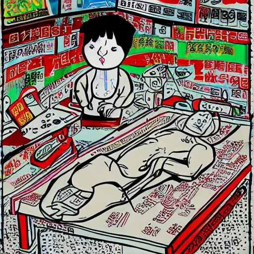 Image similar to chinese surgery operating table, in the style of daniel johnston and outsider art art brut, 8k, line brush, minimal, hard lines, overlaid with traditional chinese adverts
