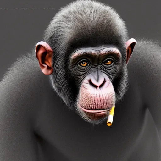 Prompt: a high detail shot of a chimp wearing a suit, smoking, render, cgsociety, photorealism