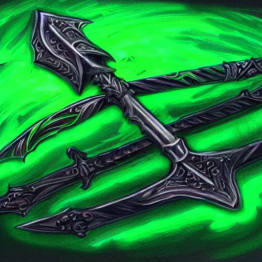 Image similar to Oil painting concept art of a magical acid sword glowing bright green, very intricate hilt, green color scheme, highly detailed concept art.