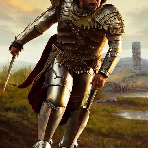 Image similar to painting of oscar isaac in armor playing achilles, ancient city in background, ultra detailed, realistic, movie poster, in the style of leonardo davinci