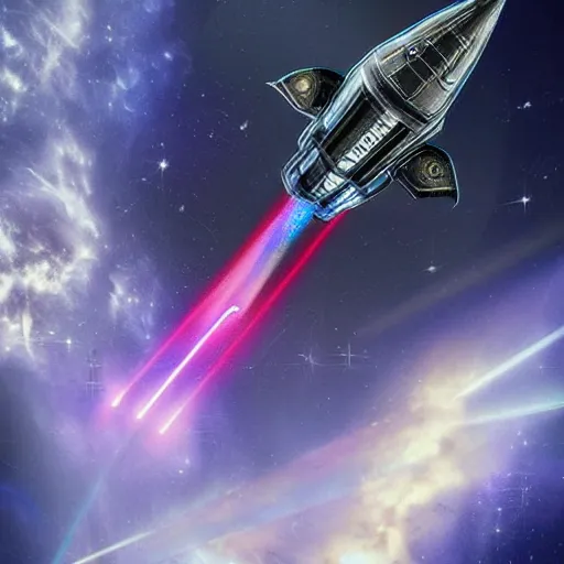 Image similar to a starship gothic cathedral flying through a space nebula with laser cannons and rocket engines, dynamic, dramatic lighting, clouds